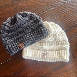 CC womens Knit Beanie Duo - Dark Gray and Cream